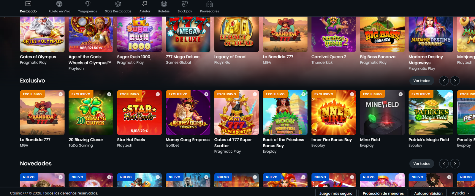 Disfruta de las mejores tragamonedas y video slots en 777 Casino online.